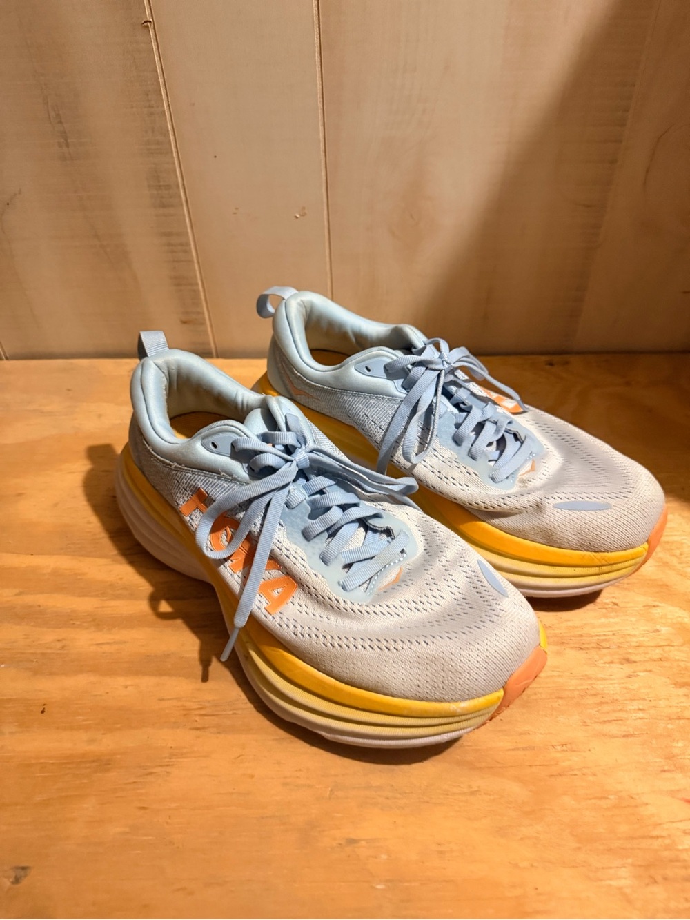 Hoka Light Blue and Orange Athletic Running Shoes